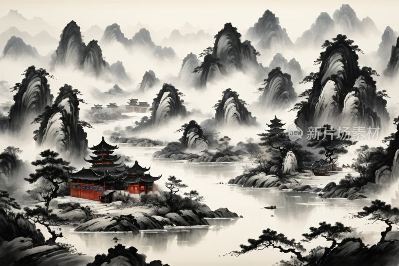 山景观湖泊和宝塔的视图高清背景图片