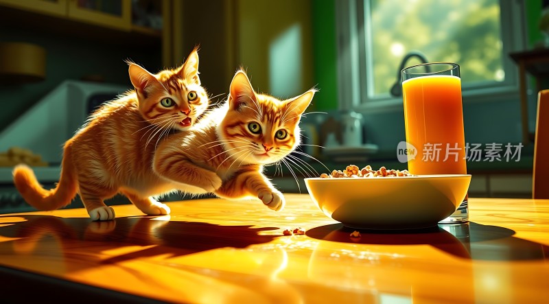 阳光下的橘猫与早餐