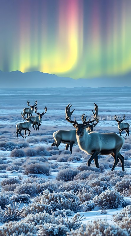 极光下的麋鹿群