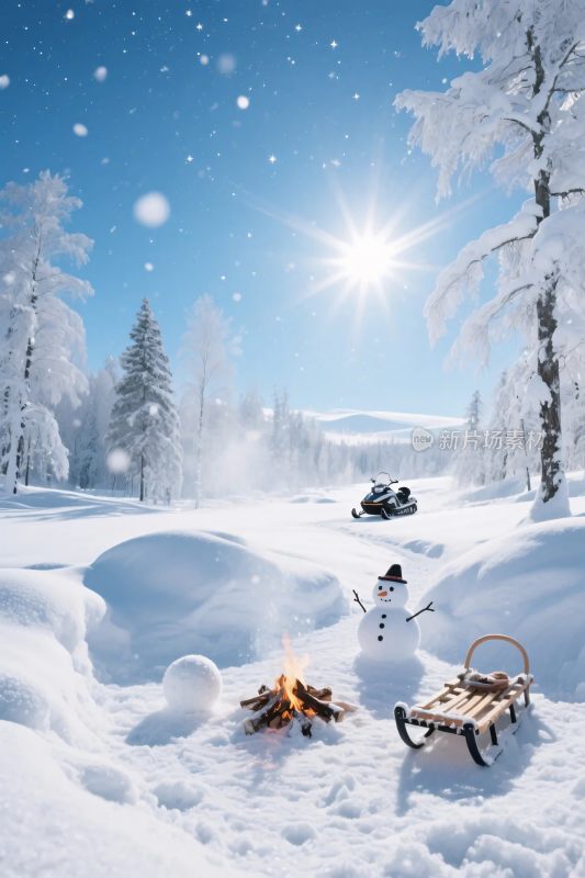 冬季雪景雪人雪橇