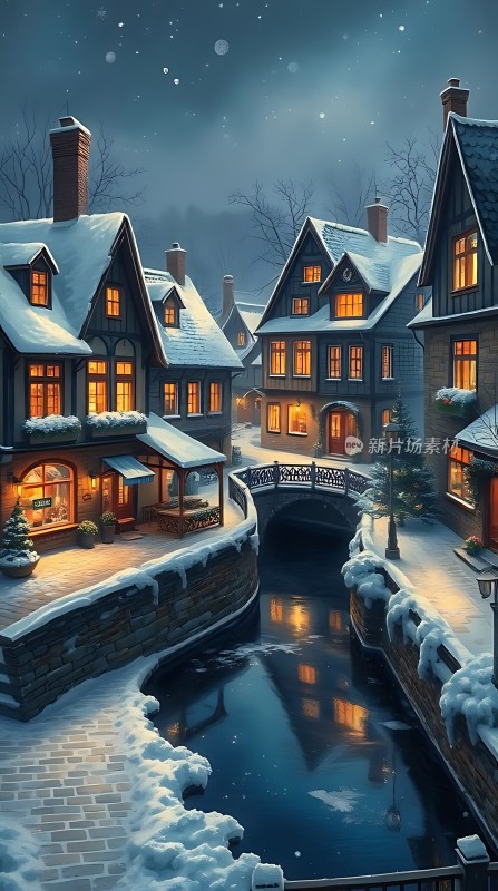 雪夜小镇温馨宁静