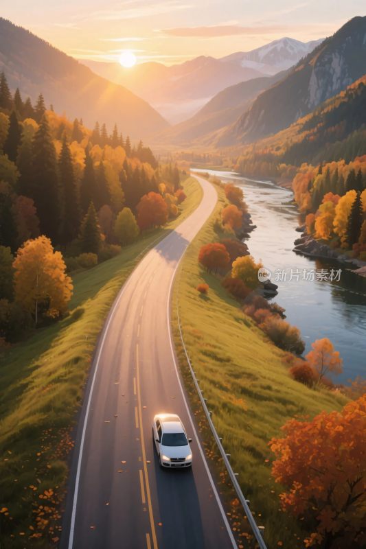 秋日公路上行驶的汽车风景图