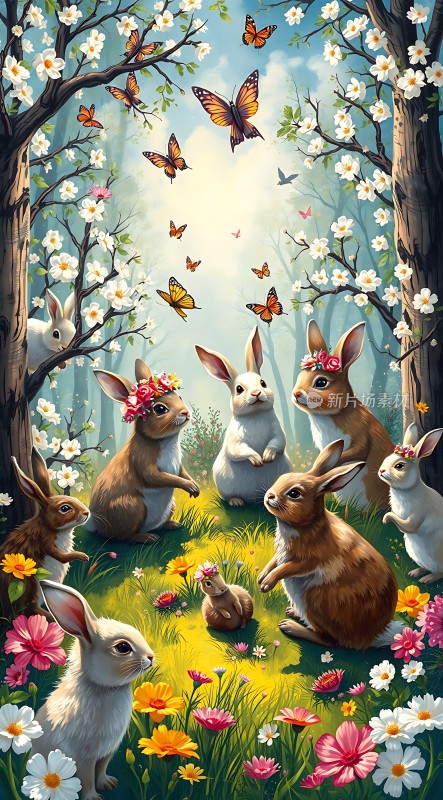 春日花丛中欢快的兔子们