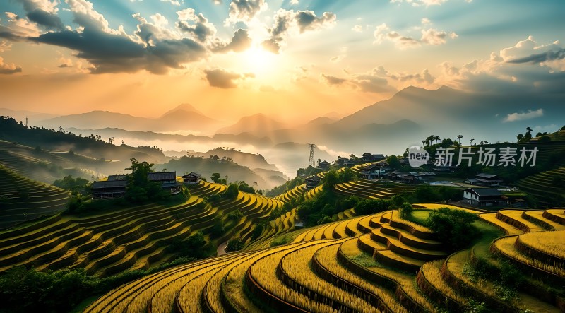 梯田晨曦阳光洒满大地