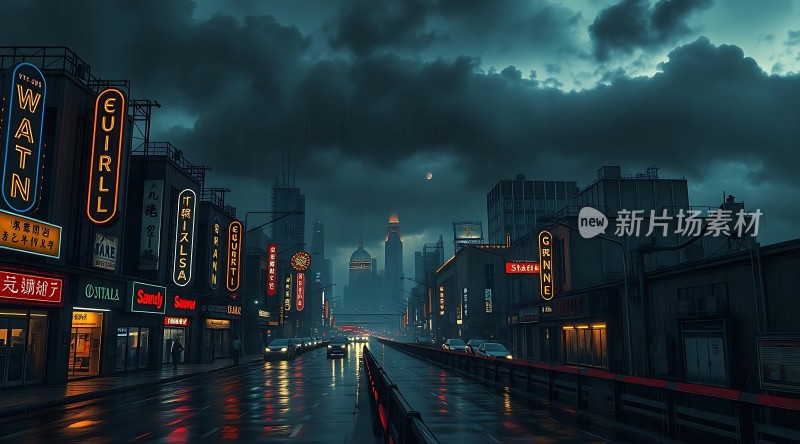 霓虹灯下的雨夜都市风光