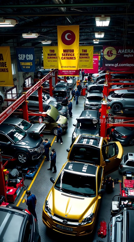 车间内忙碌的汽车维修场景