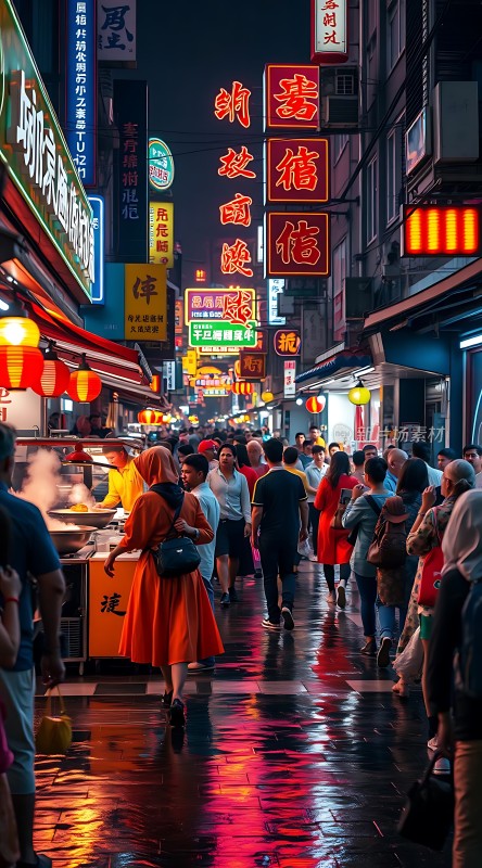 霓虹灯下夜市繁华街头巷尾热闹非凡