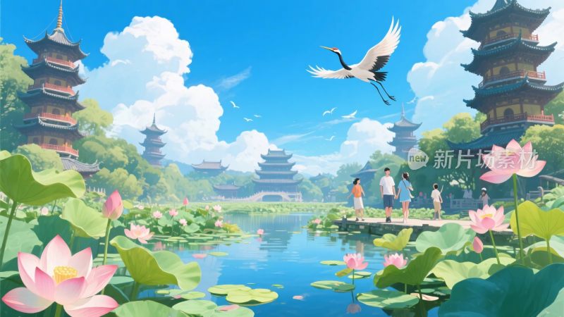 古风荷塘风景插画