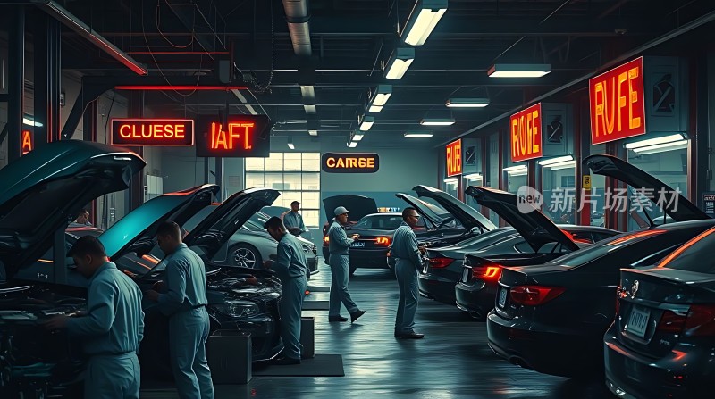 汽车维修车间里的忙碌景象