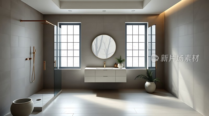 现代浴室设计简约风格自然光线充足金色细节点缀