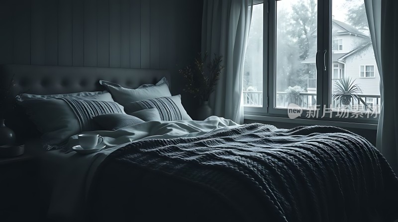 晨光微露静谧卧室床铺整洁窗帘轻垂