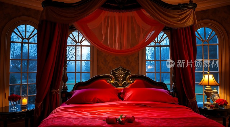 红色浪漫卧室豪华床铺与窗帘营造温馨氛围
