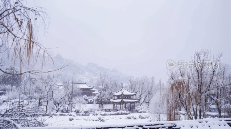 冬天中国塔楼亭台楼阁下雪古风雪景