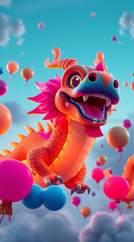 彩色小龙与气球共舞蓝天白云间