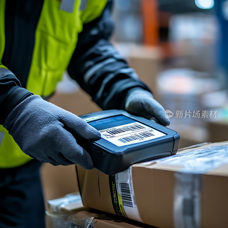 工人手持扫描设备检查包裹