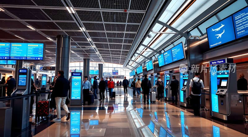 繁忙机场候机大厅旅客排队办理登机手续
