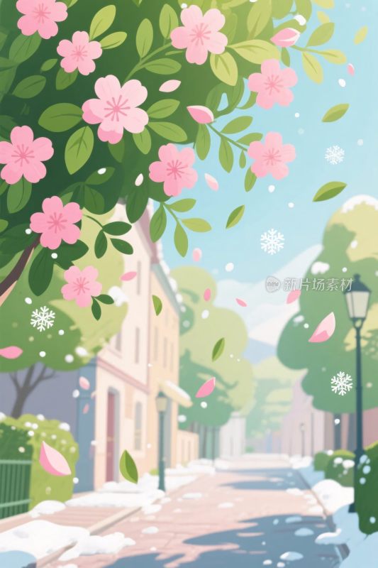 春日樱花街道插画