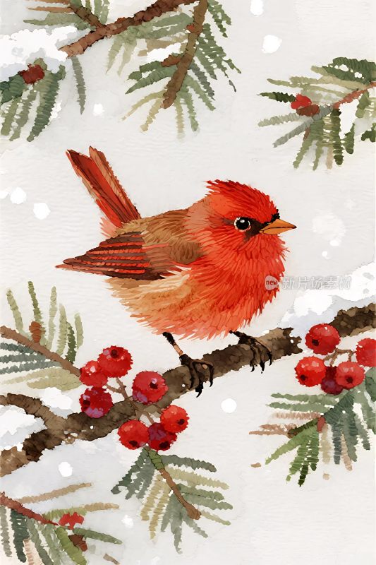 红雀冬枝红果插画