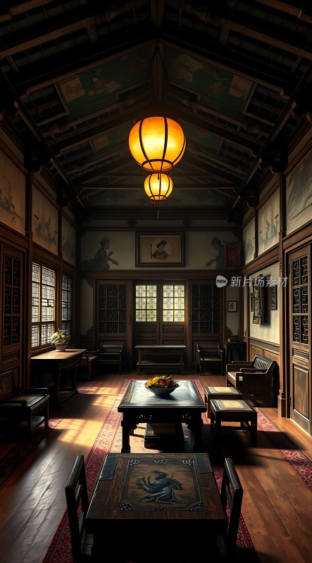 古色古香的书房木制家具与壁画相得益彰