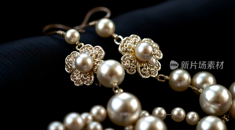 金色花形珍珠耳环与项链