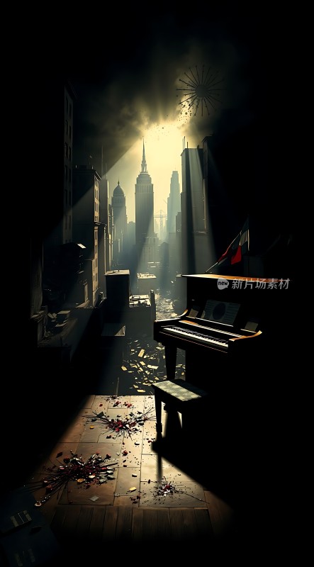 阳光下的废弃钢琴与城市废墟