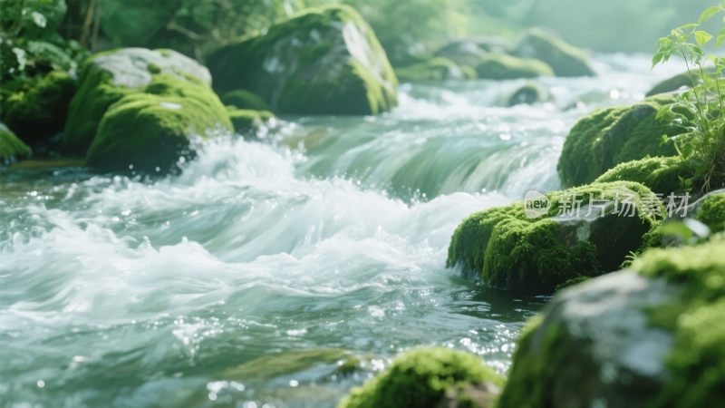 山间流淌着青苔覆盖的溪流