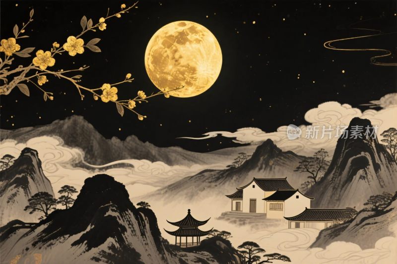 国风山水月夜插画