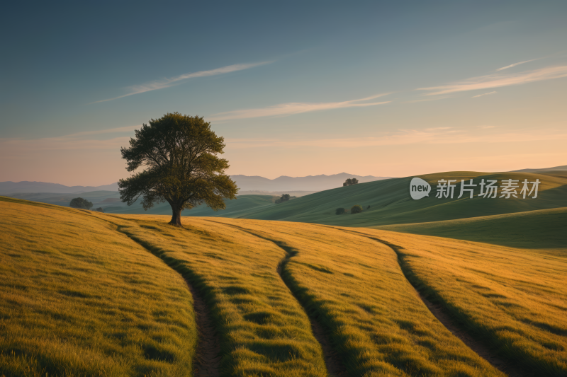 田野里的树前景一条小路高清风景图片