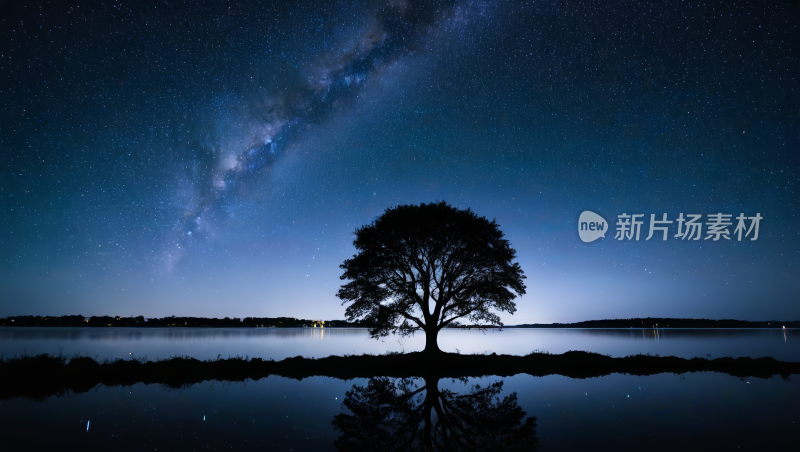 星空下的一棵树矗立在水中风景风光高清图片