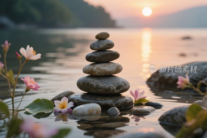 水岸石堆日落景