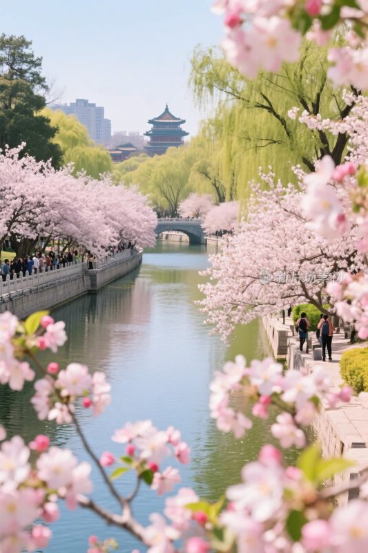 春日樱花河景古桥