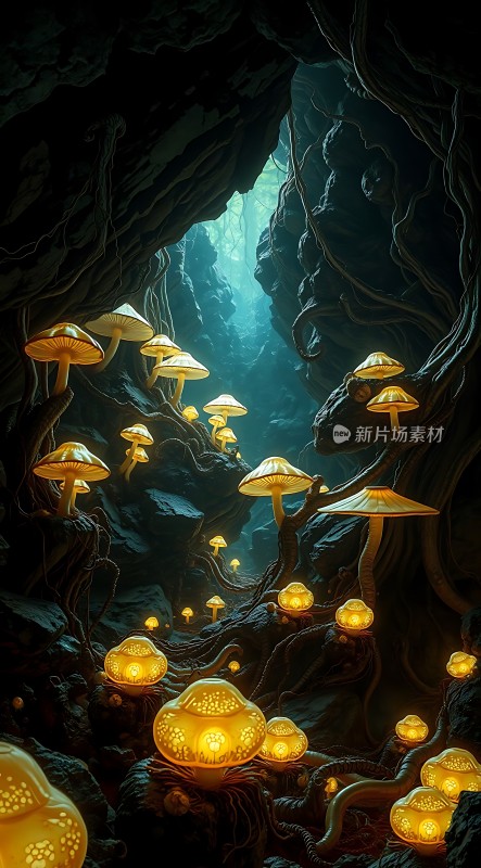 神秘洞穴中的发光蘑菇