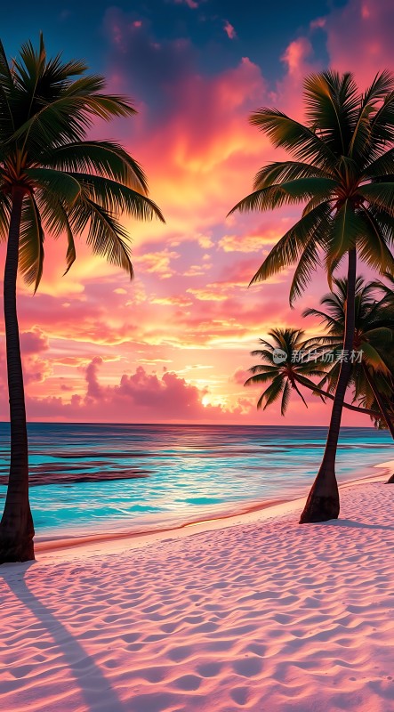 椰林晚霞映碧波