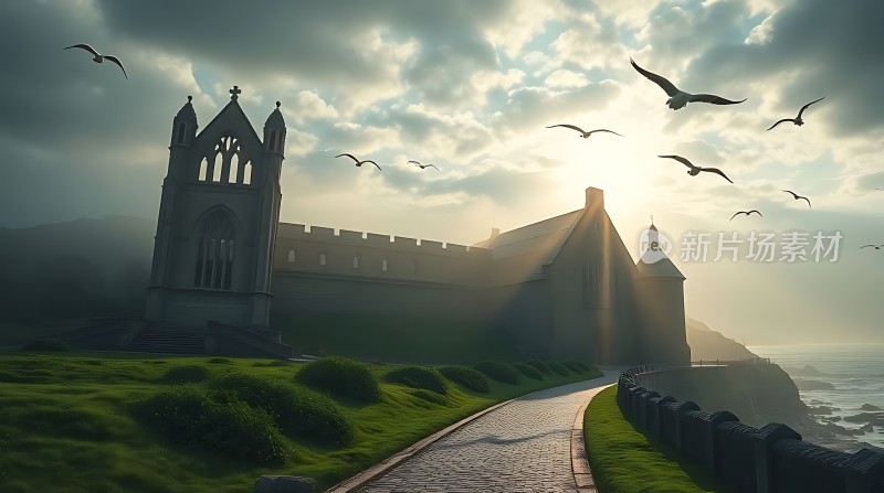 阳光下的教堂与飞翔的海鸥