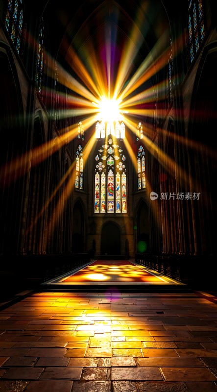 阳光洒满教堂内部彩色玻璃窗透出光芒地面铺满石板路
