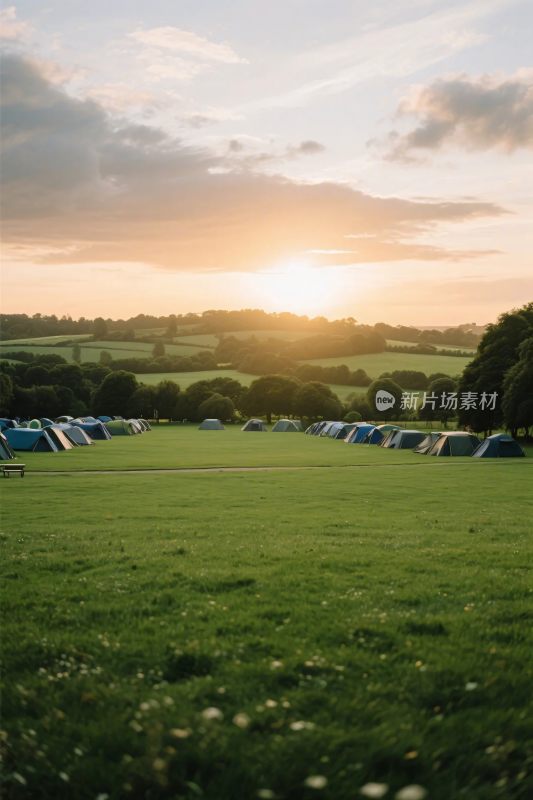 户外草地露营夕阳风景