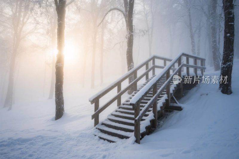 雾雪山林木台阶