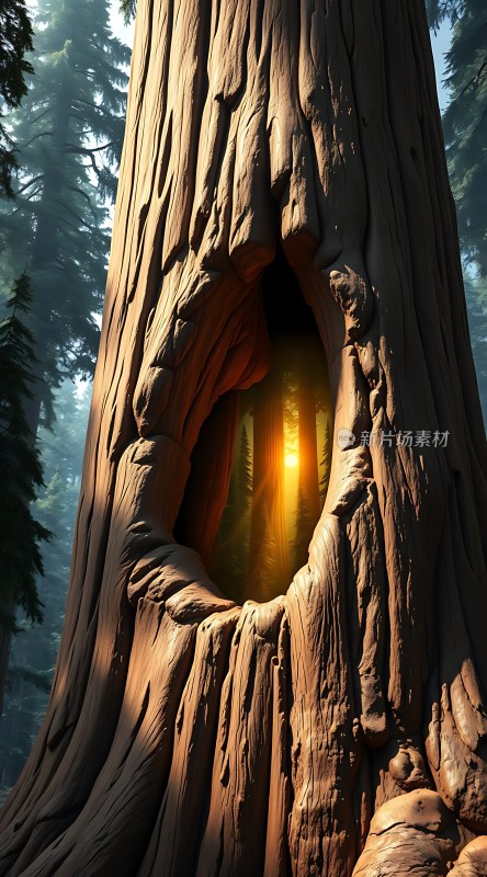 阳光透过大树洞口洒下