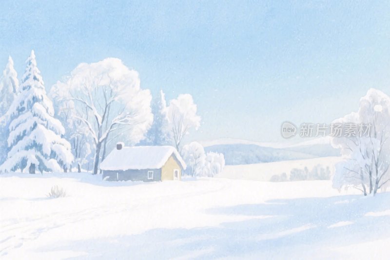 冬日雪景小屋风景画