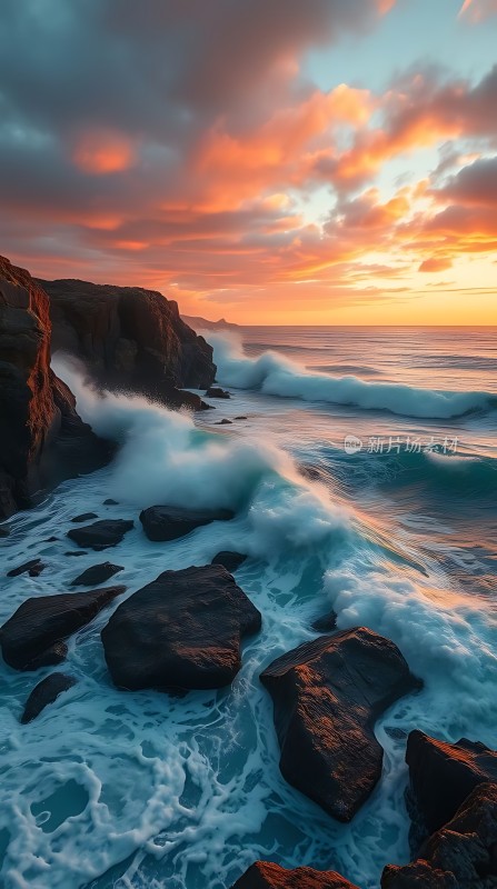 日落时分的海浪与岩石