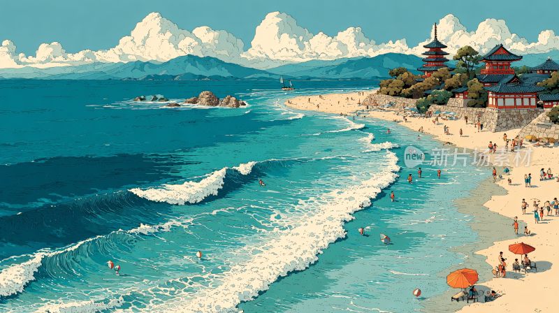 夏日海边古建筑风景插画