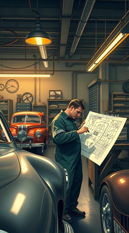 机械师与经典汽车共处的温馨车库场景