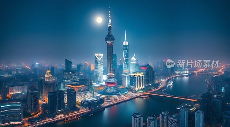 上海夜景黄浦江畔璀璨摩天大楼东方明珠塔下繁华都市风光