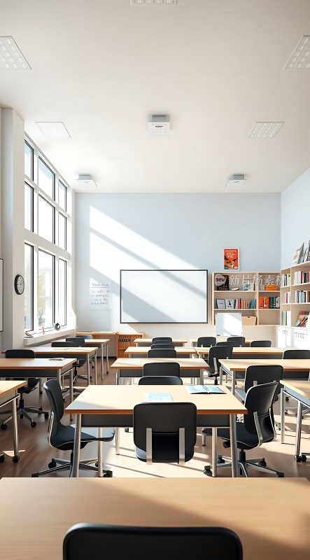 明亮教室阳光洒满书桌椅