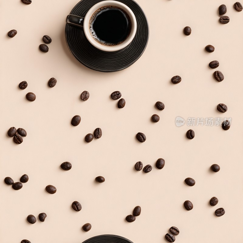 咖啡杯与散落咖啡豆画面
