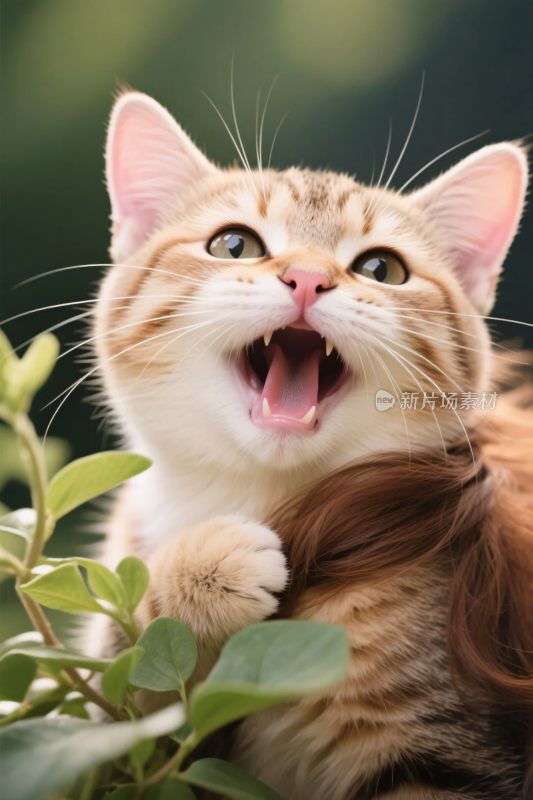 橘猫与绿叶摄影