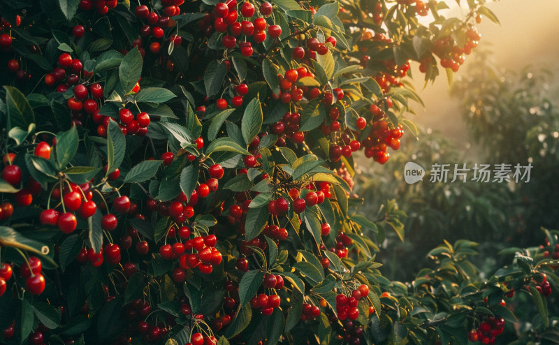 收获季节里阳光洒满的樱桃园里成熟的樱桃