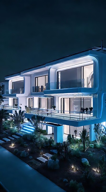 现代别墅夜景灯光璀璨绿意盎然