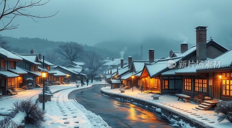 雪夜小镇温馨宁静