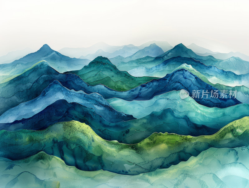 水彩画中的层叠山脉
